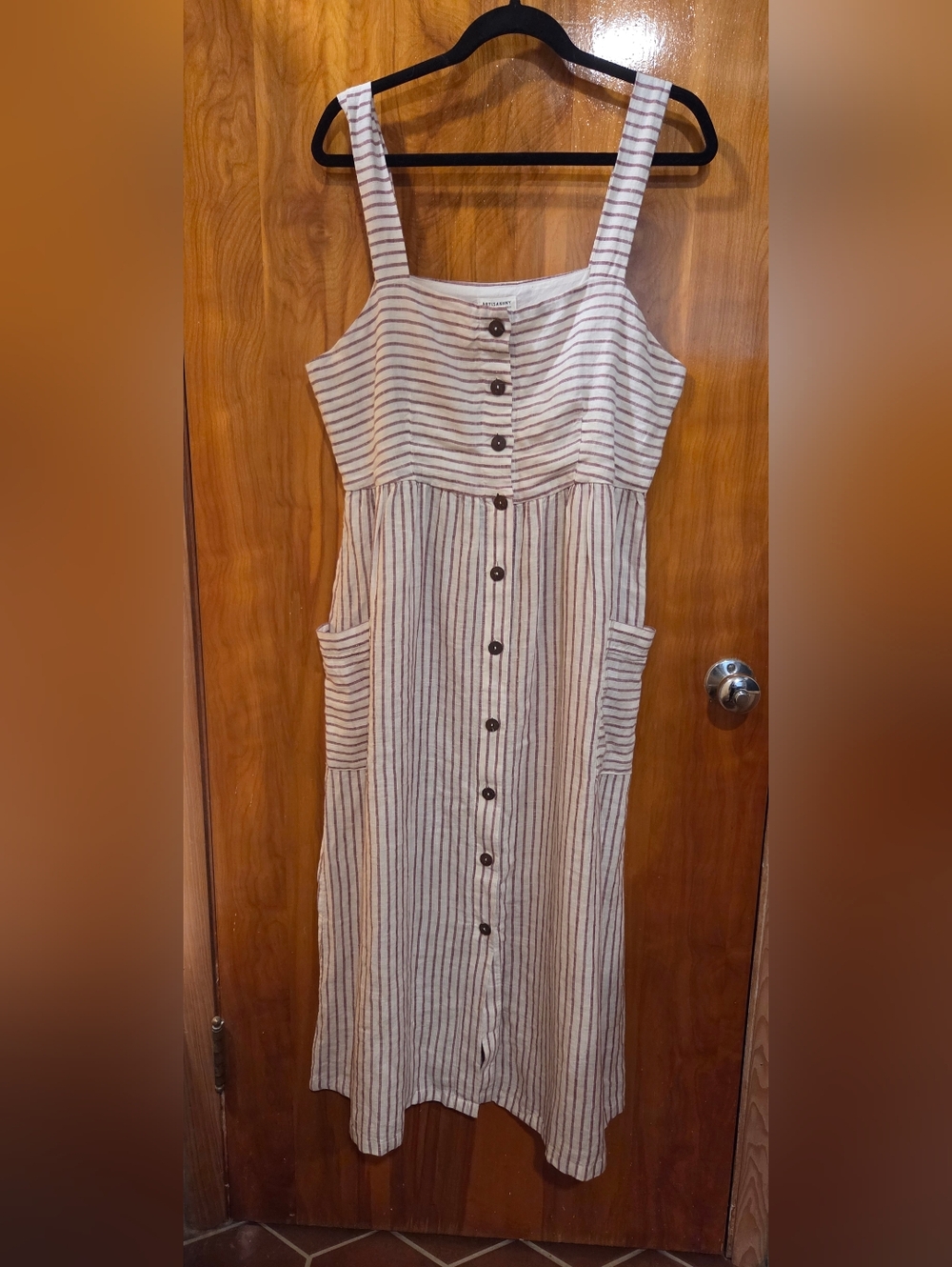 NWT Artisan NY 100% Linen Striped Beige Button-Front Midi Dress w/pockets Sz 12